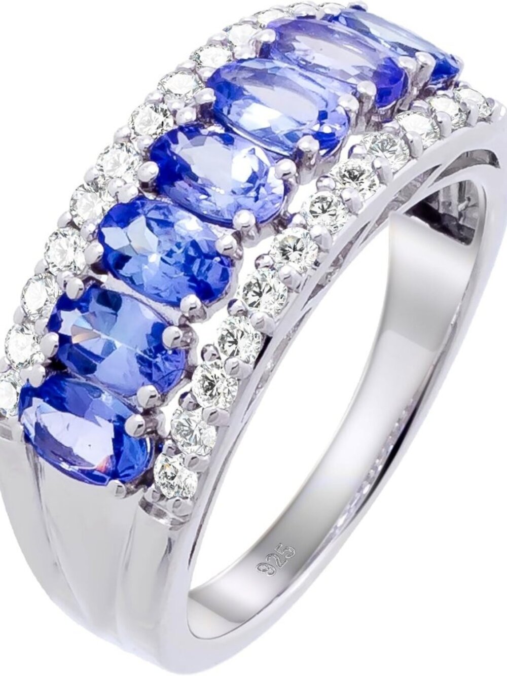 Genuine Oval Cut Gemstone Ring with White Zircon Band, 925 Sterling Silver, Size